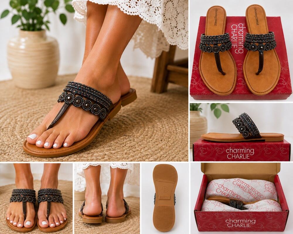 🆕Charming Charlie Beaded T-Strap Slip On Flat Sandals Womens 11 EU 41 Brown NIB